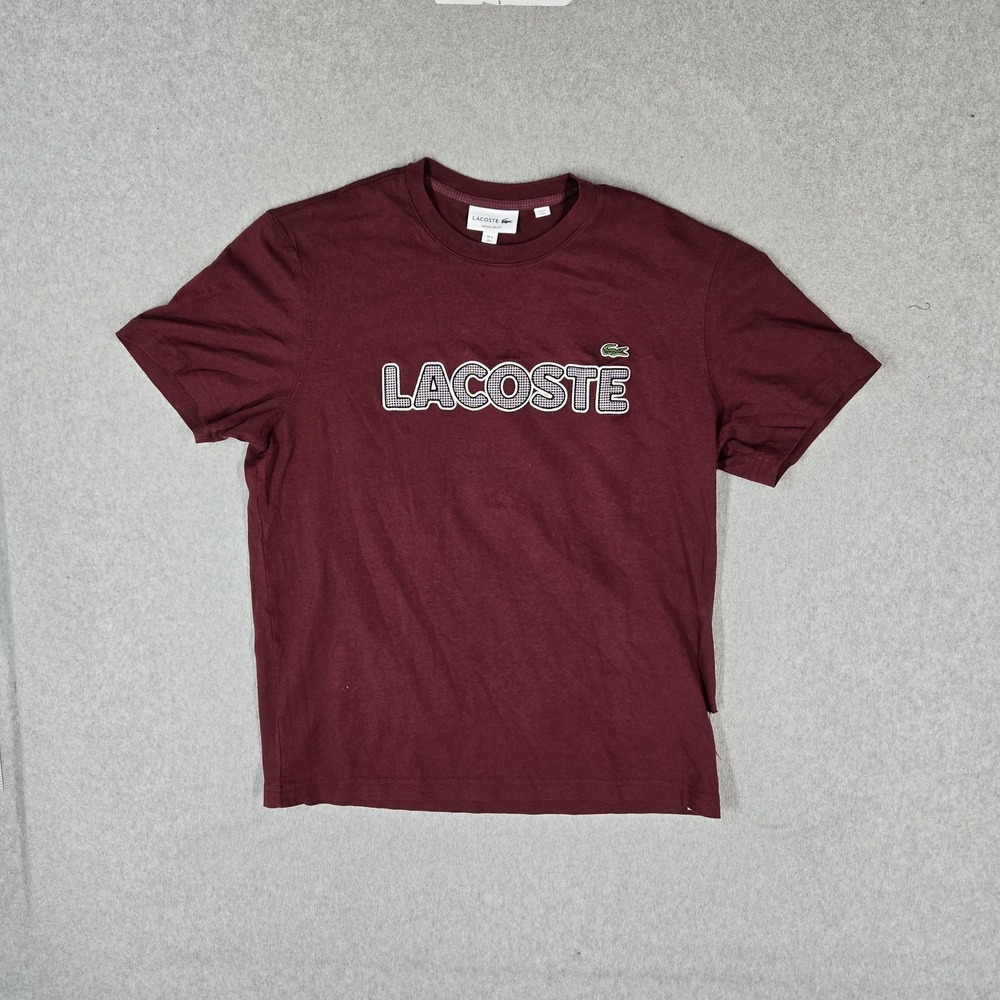 Lacoste Men Shirt US L (FR 5) Burgundy Embroidered Logo Spellout READ